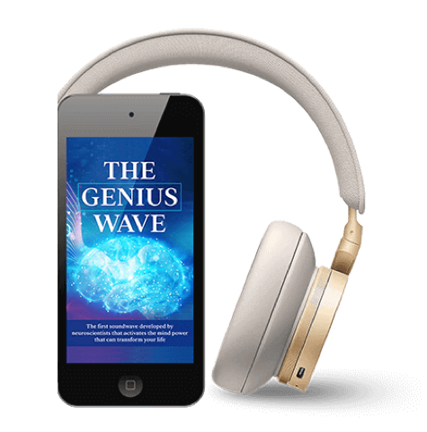 The Genius Wave audio program shown on phone, disc, box, and headphones